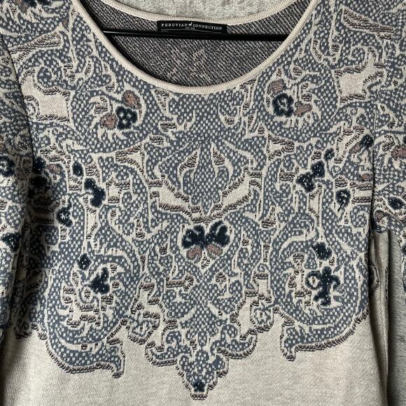 Peruvian Connection Blue Ivory Knit Dress Artisan Boho Print 3/4 Sleeve Medium - Picture 3 of 7